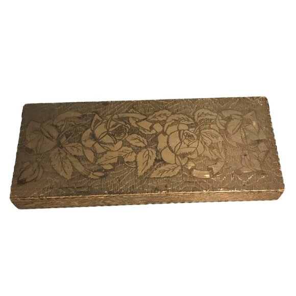 Wooden Trinket Scarf Box Vintage Hand Carved Floral Design Wood Burning Rustic - Picture 2 of 16